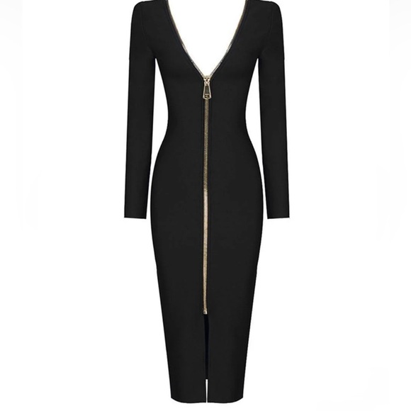 LONG SLEEVE ZIP BACK SLIT BODYCON BANDAGE MIDI DRESS - BLACK - Picture 4 of 17